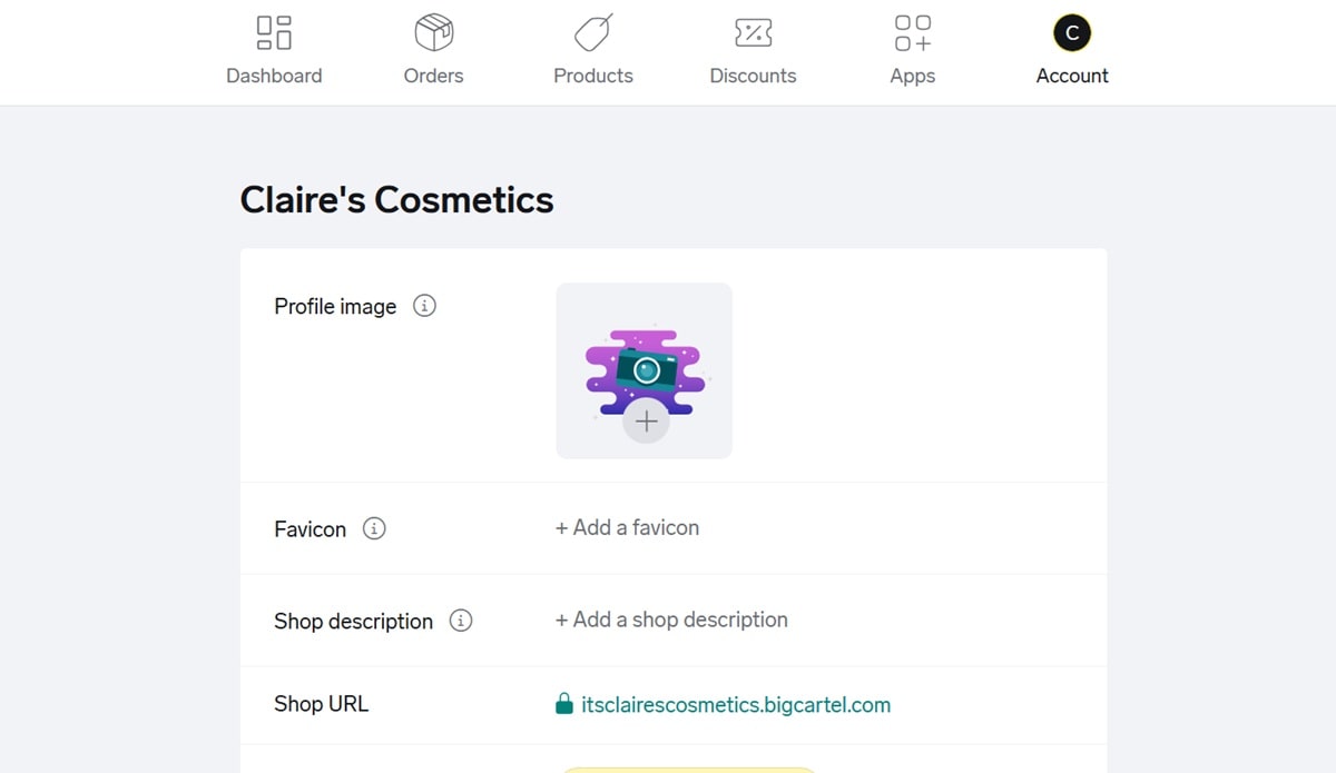 Big Cartel ecommerce platform interface showing artist-friendly store builder with customizable themes, product import from Etsy and Shopify, and mobile app management features